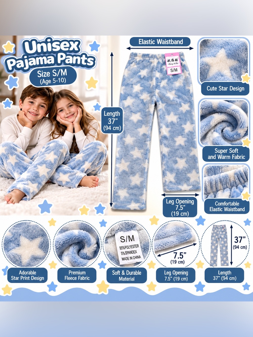 Kids Fleece Pajama Pants S/M Soft Plush Warm Boys Girls Sleepwear Lounge Pants